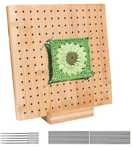 MR.HOKWY Crochet Blocking Board and Pins - 7.7 Inch Wooden Mats for Knitting, Granny Square Blocking Board with 20 Stainless Steel Pins and 5 Knitting Needles