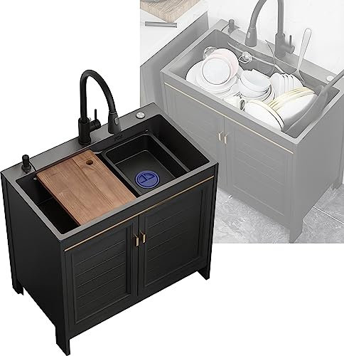 Spüle Schwarz mit Unterschrank,Spülbecken Edelstahl,Spülenschrank mit Spüle und Armatur,Waschbecken Küche,Camping Waschbecken,Outdoor Spüle,mit Ausziehbarem Wasserhahn und Zubehör,für Garten ( Color :