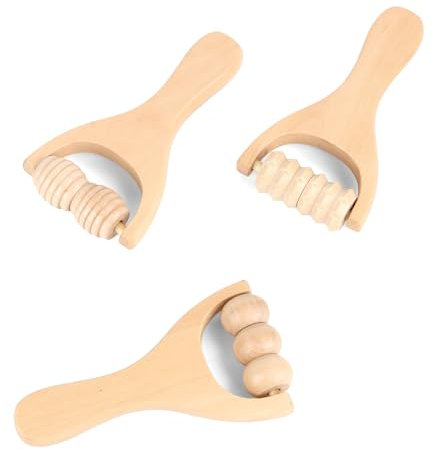 3 Stück Massageroller Holz mit Griff Faszienrolle Holz Triggerpunkt Maderotherapie set Anti Cellulite Massage Roller für Nacken Schulter Beine Füße Gesicht Rücken