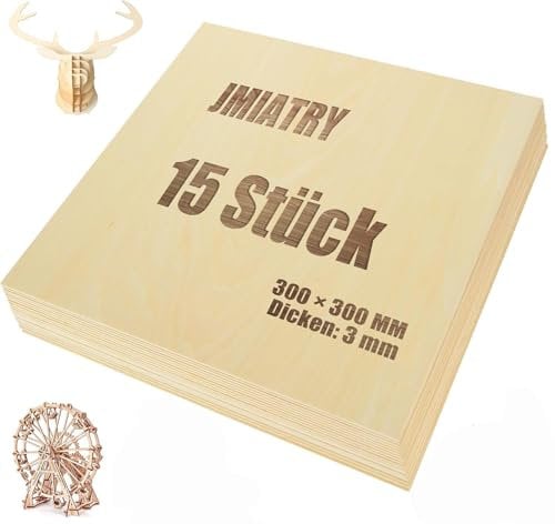 JMIATRY 15 Stück Sperrholzplatte 3mm, Lindenholz 300 * 300 * 3mm, Holzplatten zum Basteln, Holzplatte für DIY, Modell, Malen, Gravieren…