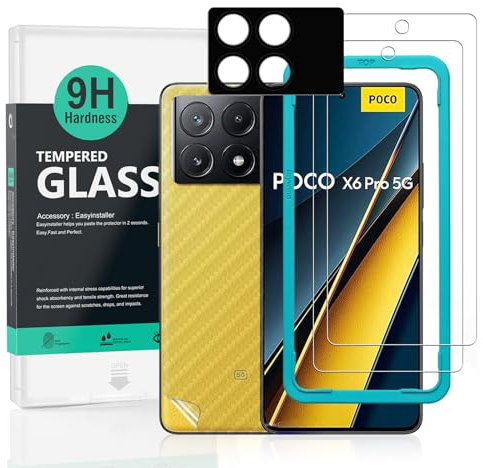 Ibywind 2 Piezas Protector Pantalla para Xiaomi Poco X6 Pro 5G 6.67+1 Pieza Protector Cámara+1 Pieza Protector Trasera Fibra Carbono,Dureza 9H Cristal Templado,Fácil de Instalar