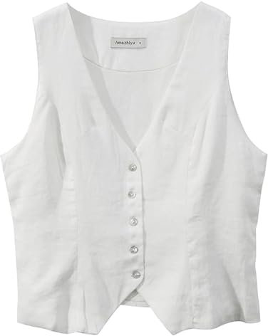Amazhiyu Gilet de costume en lin pour femme - Sans manches - Col en V - Court - Boutonnière - Coupe ajustée - Bretelles réglables, Blanc., S