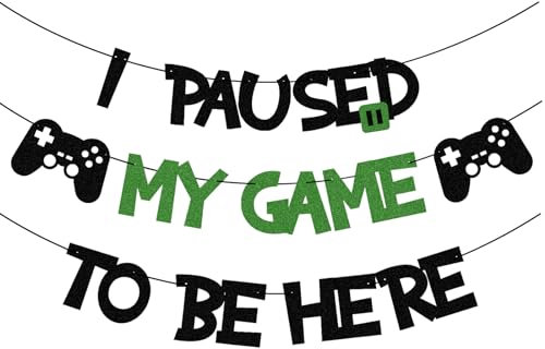 Gaming Birthday Party Decorations - I Paused My Game To Be Here Banner, Glitter Video Gaming Banners for Boys, Kids, Children, Adult