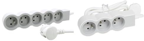 LEGRAND - Multiprise Extra-Plate - 5 Prises de Courant avec Terre - avec Cordon 3 m - Blanc et Gris & Rallonge multiprise Extra-Plate avec 3 Prises de Courant avec Terre avec Cordon 1,5m
