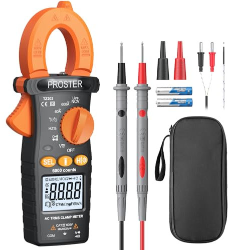 Proster Pinza Amperometrica 6000 Conti TRMS Corrente AC Tensione AC/DC Duty Cycle Tester Elettricista Test NCV Diodo Continuità Data Hold e Live Test