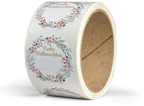 Weihnachtsaufkleber zum Beschriften als Geschenkaufkleber – 50 Sticker Weihnachten – rund, Ø 5 cm – Weihnachtsetiketten selbstklebend auf Rolle – Weihnachten - FROHE WEIHNACHTEN - KRANZ GRÜN-ROT