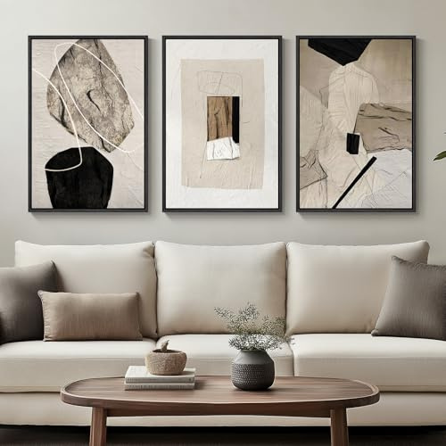 Gerahmte neutrale abstrakte Wandkunst, Set mit 3 modernen Leinwanddrucken, Gemälde, Kunstwerk für Wände, minimalistische schwarze und beigefarbene Bilder für Wohnzimmer, Flur, Treppe, Schlafzimmer