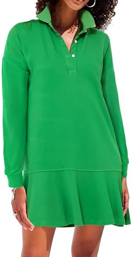 YEXPINE Women's Polo Dress Long Sleeve Collared V-Neck Ruffle Hem Fall Shirt Mini Dresses, Green, M
