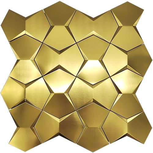 Blujellyfish 3D Gold Tile Metallic Long Hexagon Tile 3D Wall Panels for Kitchen Bathroom Backsplash Wall, Accent Walls (Pack of 5)