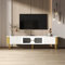 BTM Meuble TV Blanc avec 2 Tiroirs et 2 Portes, Meuble TV 170 cm de longueuer avec Poignées et Pieds Dorés, Meuble télé, Bords Courbés, Portes en Verre, 170x34x50cm