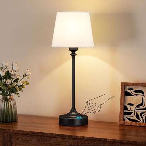 PreeOtti Tischlampe Kabellos, Touch LED Nachttischlampe Akku, Stufenlos Dimmbar, Weißer Leinenschirm, Wederaufladbar Lampe mit USB-C Anschluss für Nachttisch Esszimmer Wohnzimmer Deko(Schwarz)