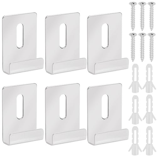 Swpeet Lot de 6 clips de miroir en métal argenté avec vis, kit de fixation à large canal pour miroir, grands clips de support lourds, supports de miroir en métal pour montage mural sans cadre