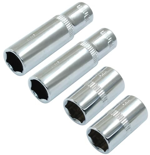Cjueiom 4 Pcs 1/4 Inch Socket Set, 10mm Metric 6 Point Design Deep and Shallow Socket Set, Cr-V Steel