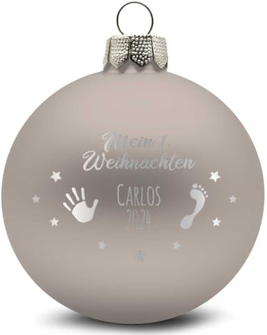 GRAVURZEILE Weihnachtskugel mit Gravur - Mein erstes Weihnachten - Personalisiert mit Namen & Jahr - Festliche Christbaumkugel für die Weihnachtsdeko - Farbe: Beige Matt - Größe: 10 cm