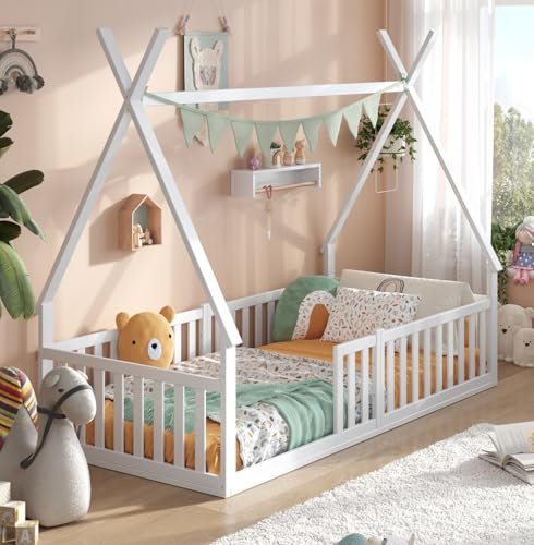 ALAVYA HOME® Hausbett Bodenbett Sky FSC Zertifiziert mit Rausfallschutz & Lattenrost, bodentiefes Jugendbett weiß massiv BUCHE für Junge Mädchen (Weiß - ohne Matratze, 80 x 160 cm)