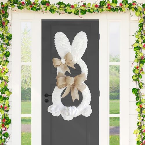 Osterhasenkränze für Haustür, Hasen-Dekorationen, Frühlings-Oster-Türaufhänger, Kaninchenschild, hängende Girlande mit Juteschleife für Zuhause, Bauernhaus, Außen, Innenbereich, Wand, Kaminsims,
