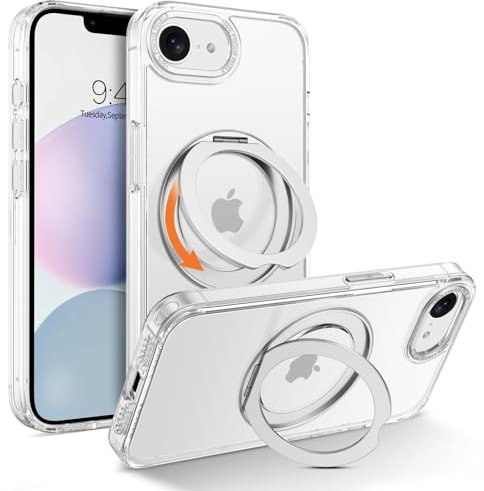 Telaso Magnetic for iPhone 16e Case with 360° Rotatable Ring Stand, [Compatible with Wireless Charging] Slim Shockproof Protective Phone Cases for iPhone 16e 6.1 2025, Clear