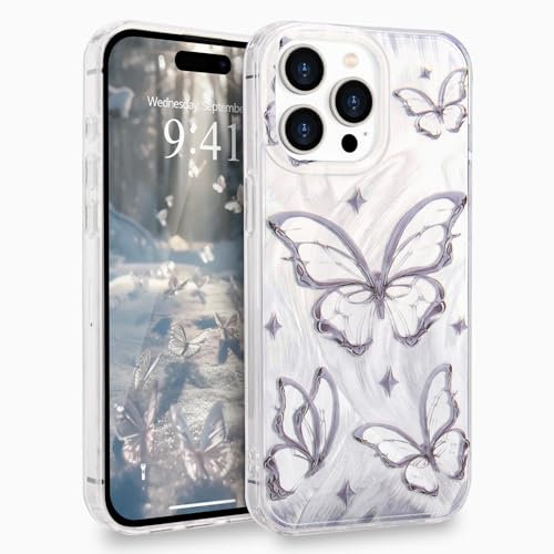 L-FADNUT for iPhone 13 Pro Case for Women Girls, Glitter Silver Cute Butterfly Pattern Phone Case, Trendy Shiny Soft Slim Protective TPU Anti-scratch Aesthetic Cover for iPhone 13 Pro, Silver