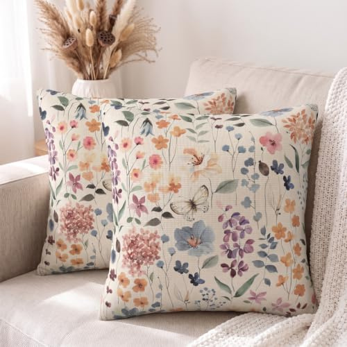 DILOXNSU Kissenbezug 40 x 40 cm 2er Set Kunst Aquarell Blumen Blatt Kissenhülle Leinen Dekokissen Couchkissen Deko Zierkissen Kissenbezüge für Sofa Wohnzimmer Sofakissen