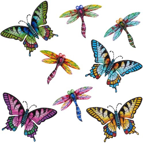 DEWEL 8 Pcs Metal Garden Decor for Outside, Butterfly Dragonfly Wall Decor Outdoor Wall Art, Colorful Hanging Decorations Wall Decor for Garden Fence Patio Yard, Great Gift Choice