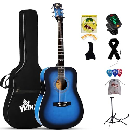 Winzz Akustikgitarren 4/4, Anfänger Gitarren 41 Zoll mit Gitarrentkoffer, Stimmgerät, Gurt, Plektren, Extra Saite und Gitarrenständer (Blau)