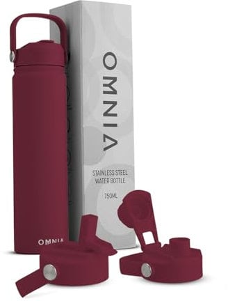 OMNIA Vacuum Insulated Stainless Steel Water Bottle, 2 Lids (Straw & Spout) Leakproof, BPA-Free, Reusable Flask, Hot & Cold Thermos for Sports, Gym, Travel, Outdoors (Burgundy, 750ML)