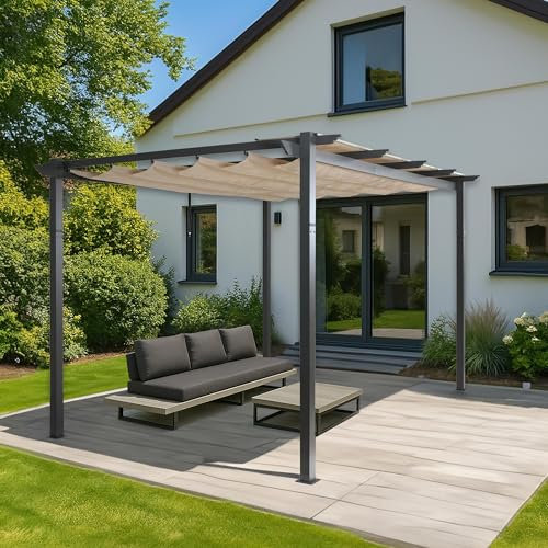 Pergola en Aluminium HWC-N93, pavillon de Jardin Pavillon de Jardin, Structure Stable de 8cm Toit Coulissant UV50+ 3x4m - crème-Beige