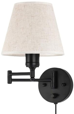 LOGT Langer Arm Wandlampe mit Schalter und Kabel Verstellbare Wandleuchte Schalter Dimmbar Wandleuchten Stoffs Lampenschirm Leinen Wand Leselampe Schwenkarm Schwarz für Wohnzimmer Schlafzimmer