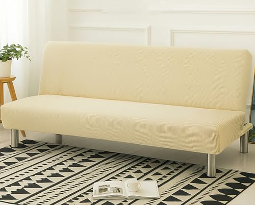 Sofabezug ohne Armlehnen, Stretch-Schonbezug für Klappsofa ohne Armlehnen, waschbarer Schutz für 2-/3-Sitzer, ideal für Haushalte mit Haustieren oder Kindern, 14 Farboptionen (Beige, 150–190 cm)