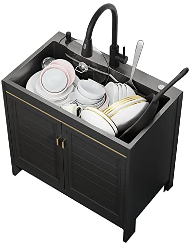 Lavabo utilitaire avec armoire et station de lavage des mains en acier inoxydable, idéal pour la buanderie, le garage, la cave, le magasin, évier noir autoportant pour la cuisine et le lave-vaisselle