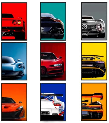 9 Pezzi Poster Auto SuperCar Stampe su Tela Arte di Poster Supercar per Ragazzi e Uomini Quadri di Corse per Ufficio, Camera da Letto, Soggiorno, Decorazione di Garage (Senza Cornice, 20 x 30 cm)