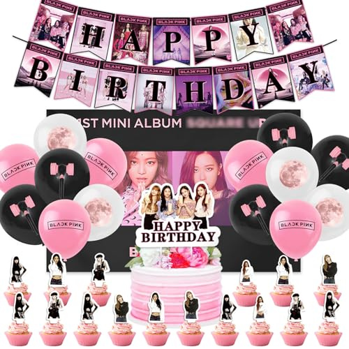45 Stück Blackpin Geburtstagsdeko Set, Kindergeburtstag Deko mit Luftballons Geburtstag Dekoration Set für Kinder Jungen Mädchen Kpop Themenpartys Dekorationen