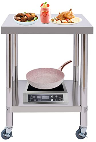 Bdneygtyr Edelstahltisch 60x60cm Zwei Ebenen, Arbeitstisch aus Edelstahl 201 mit Rollen, 300kg Tragkraft Edelstahltisch Gastro, Mobiler Tisch für Küche & Garten, Einfache Montage