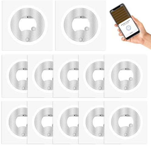 AXFEE 10 Stück NFC Tag Sticker, NTAG216 Chips NFC Tag, 888 Byte, 25mm | Speicher RFID Tags Programmierbar, RFID Aufkleber Tags Für Alle NFC-fähigen Geräte iOS Kurzbefehle App/Homekit & Android Apps
