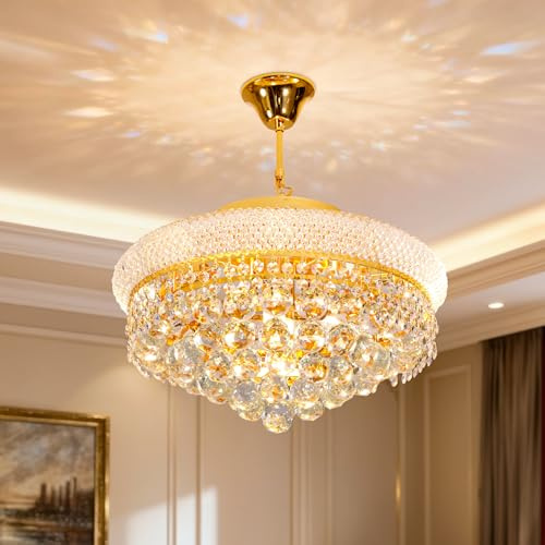 Vrygle Lustre Cristal K9 Doré 46 cm, Hauteur Réglable, 6 x E14 Incluses | Lustre Salon Rond, Hauteur Réglable 20-80 cm, 3 Températures de Couleur 2700K/4500K/6500K pour Salon, Chambre, Salle à Manger
