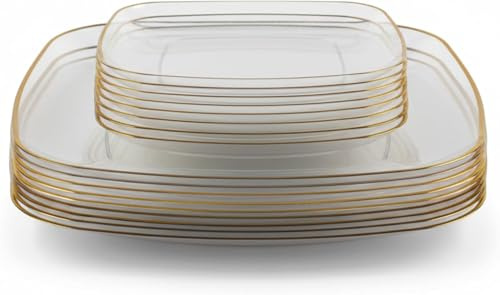 Playlearn Luxia Chic Square Clear Plastic Plates, 100% Reusable & Durable - Fancy Gold Trimmed Dinnerware for Birthday, Catering, Wedding Receptions, and Upscale Formal Occasions Dishwasher Safe.