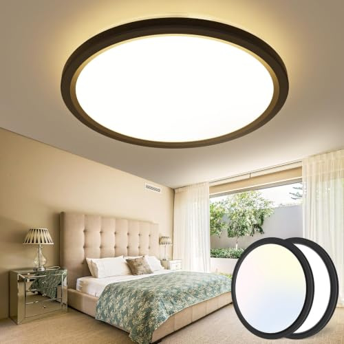 slochi 2 Stück Deckenlampe LED 23CM, 18W Deckenleuchte 3 Farben 3000K/4000K/6500K, Flach Rund Badlampe Wasserfest, Schwarz Lampe Decke für Badezimmer Küche Flur Schlafzimmer Wohnzimmer