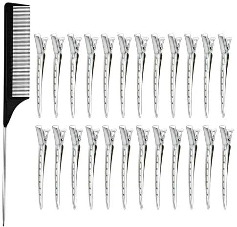 24 Pièces Pinces à Cheveux en Métal avec peigne, Pinces à Bec de Canard Clips, Pince Coiffure, Accessoires de coiffure pour cheveux et styling pour Coiffure DIY (Argenté)