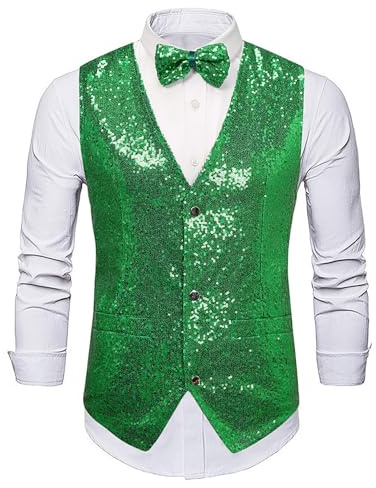 Pailletten Weste Herren Glitzer mit Fliege Set V-Ausschnitt Anzugweste Jacket Glänzende Pailletten Anzug Festlich Karneval Kostüm Paillettenweste Paillettenweste
