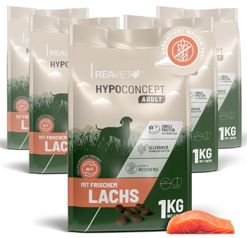 REAVET HYPOCONCEPT Hundetrockenfutter Lachs – Single-Protein mit Frischfleisch 5kg I Weizenfrei & ohne Zucker Trockenfutter für alle Hunde & Rassen, auch für Sensible Hunde & Allergikerfreundlich