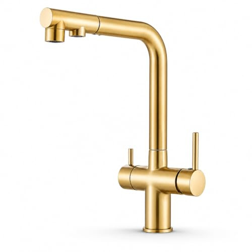 Ari 3-Wege-Küchenarmatur mit Ausziehbarer Brause Wasserfilter-Anschluss 360° Drehbar Spültischarmatur Mischbatterie für Spülbecken Gebürstetes Gold Venom Pull-Out