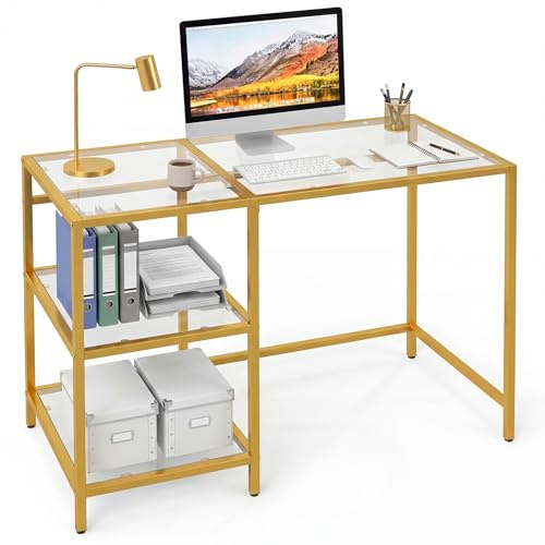 COSTWAY Modern Computer Desk, Tempered Glass Study Table Writing Workstation with Storage Shelves, Metal Frame Working Desk Console Table for Home Bedroom Living Room (Gold, 106 x 51 x 77cm)