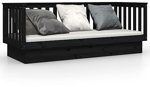 Foknhdi Tagesbett 75x190 cm aus massivem Kiefernholz, Gästebett als Sofa nutzbar, Bettsofa mit Lattenrost und Bettgitter auf 3 Seiten, Stabiler Bettrahmen Schwarz