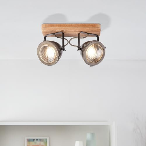 Lightbox Deckenspot mit elegantem Industrial Design | 27 x 12 cm | rustikale Deckenlampe für angenehme Ausstrahlung im Wohnzimmer | GU10 Fassung | aus Metall/Holz in Stahlfarben