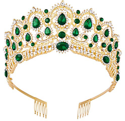 Vofler Tiara, Gold Crown Baroque Vintage Headband Crystal Green Rhinestone Emerald Hair Jewelry Decor for Women Bride Wedding Pageant Halloween w/Comb