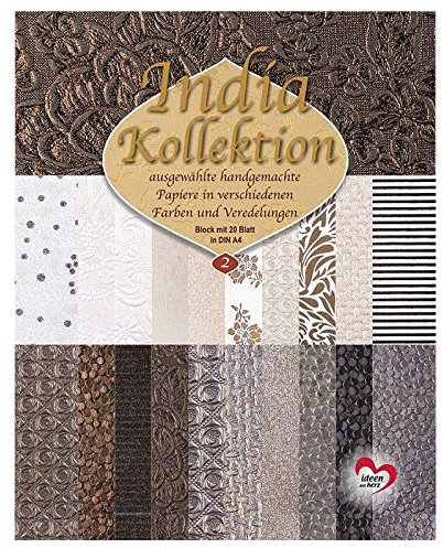 Ideen mit Herz Handgeschöpftes Handgeschöpftes Deko-Papier | India Kollektion | Hochwertig veredelt | DIN A4 | Block mit 20 Blatt (Sortierung 2)