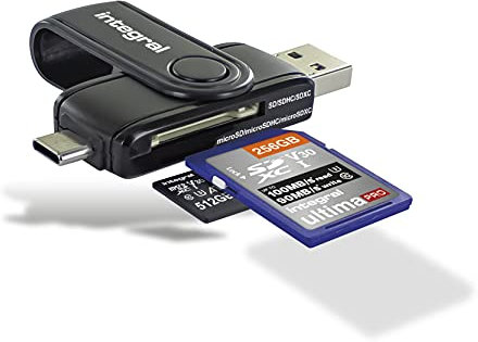 Integral Memory Lecteur de Carte SD et Micro SD USB3.0/USB C Type-C OTG Adaptateur de Carte mémoire à Double Fente pour UHS-1, Micro SD, microSDHC, microSDXC, SD, SDHC, SDXC INCRUSB3.0ACSDMSD