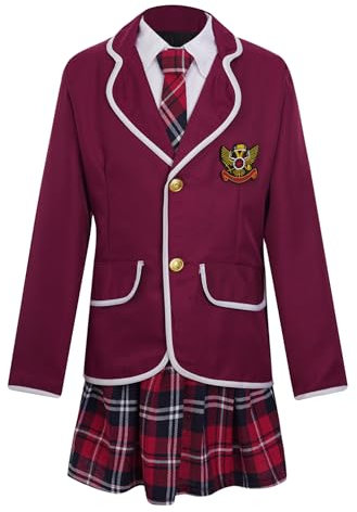 FEESHOW Mädchen Schuluniform Japan Anime Kostüm Set Anzug Jacke Mini Karierter Rock mit/ohne Hemd Krawatte Kinder Chor Party Schule Cosplay Outfit Burgundy 122-128