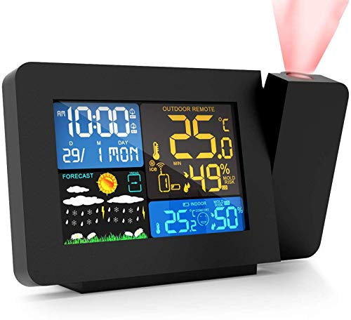 NBQABN Estación Meteorológica, Reloj Despertador Digital Proyector,Termómetro Higrómetro con Pantalla a Color, Alarmas, Pronóstico del Tiempo, Alertas de Temperatura, Monitor de Humedad, Hora