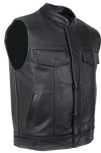 EURO STARS Rocker Biker Lederkutte mit Reißverschluss, Herren Jeans Lederweste, Motorrad Lederkutte, Biker Lederweste, Club Lederkutte, Chopper Lederkutte, Rockerweste, Rindleder Kutte (XL, Schwarz)